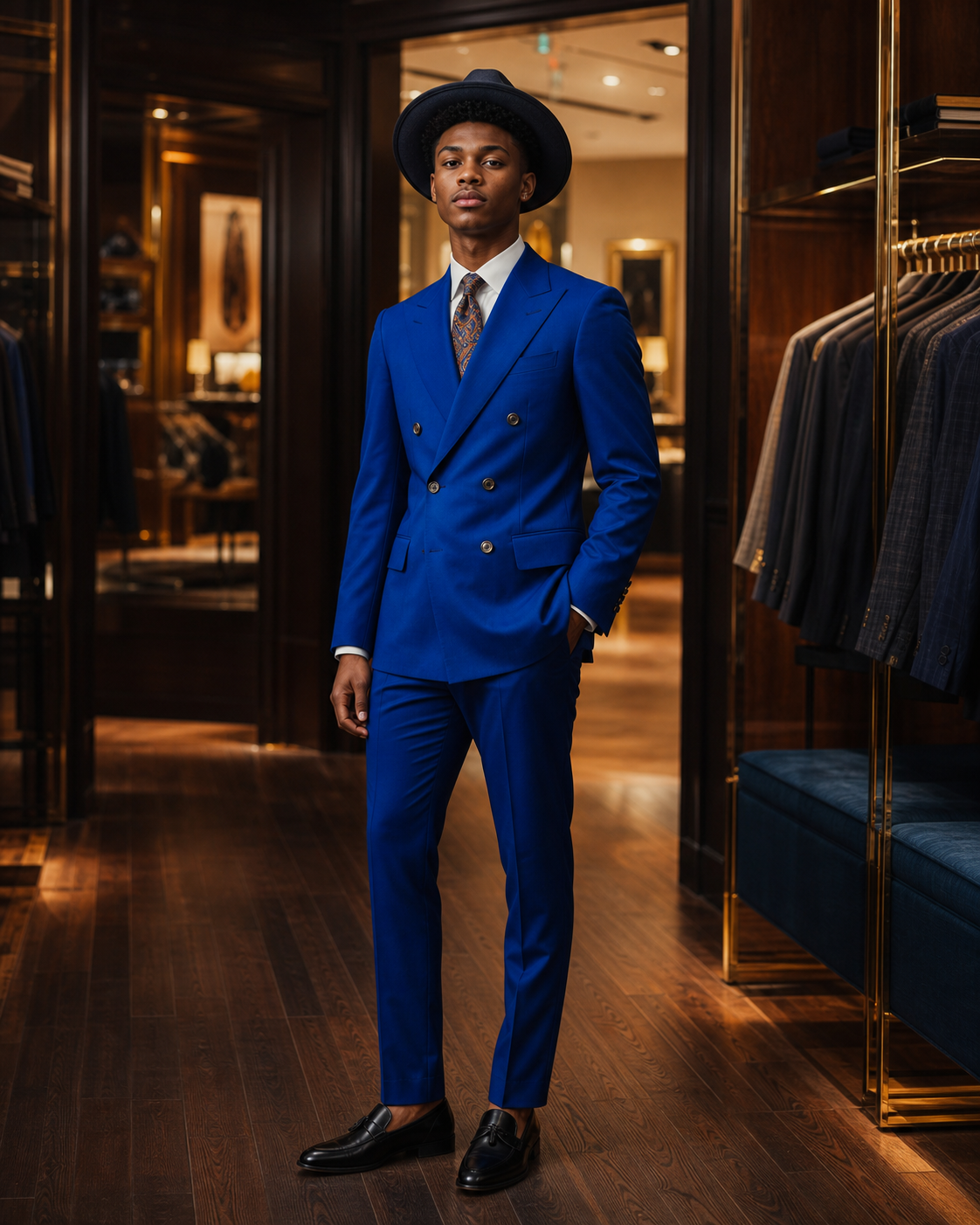 blue double-breasted menswear look