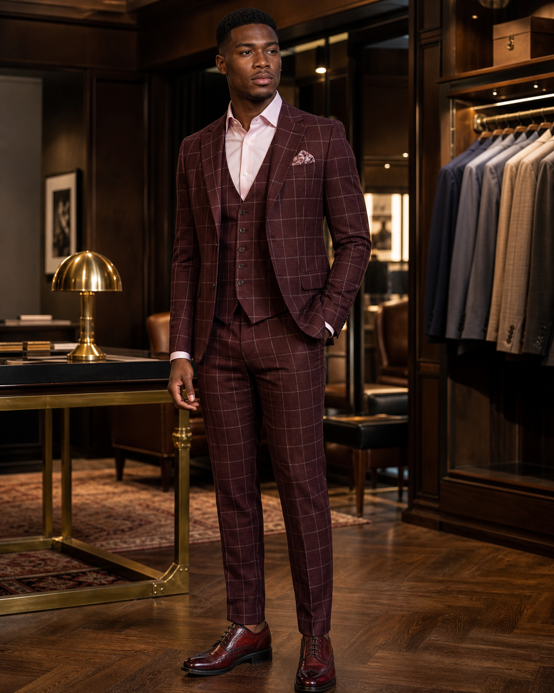burgundy windowpane menswear look