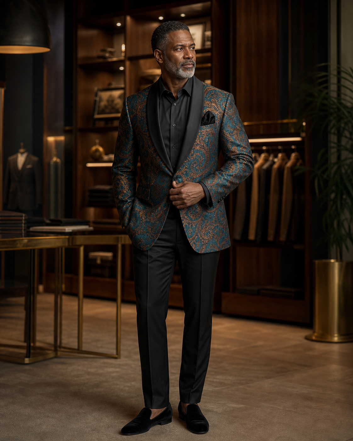 teal paisley menswear look
