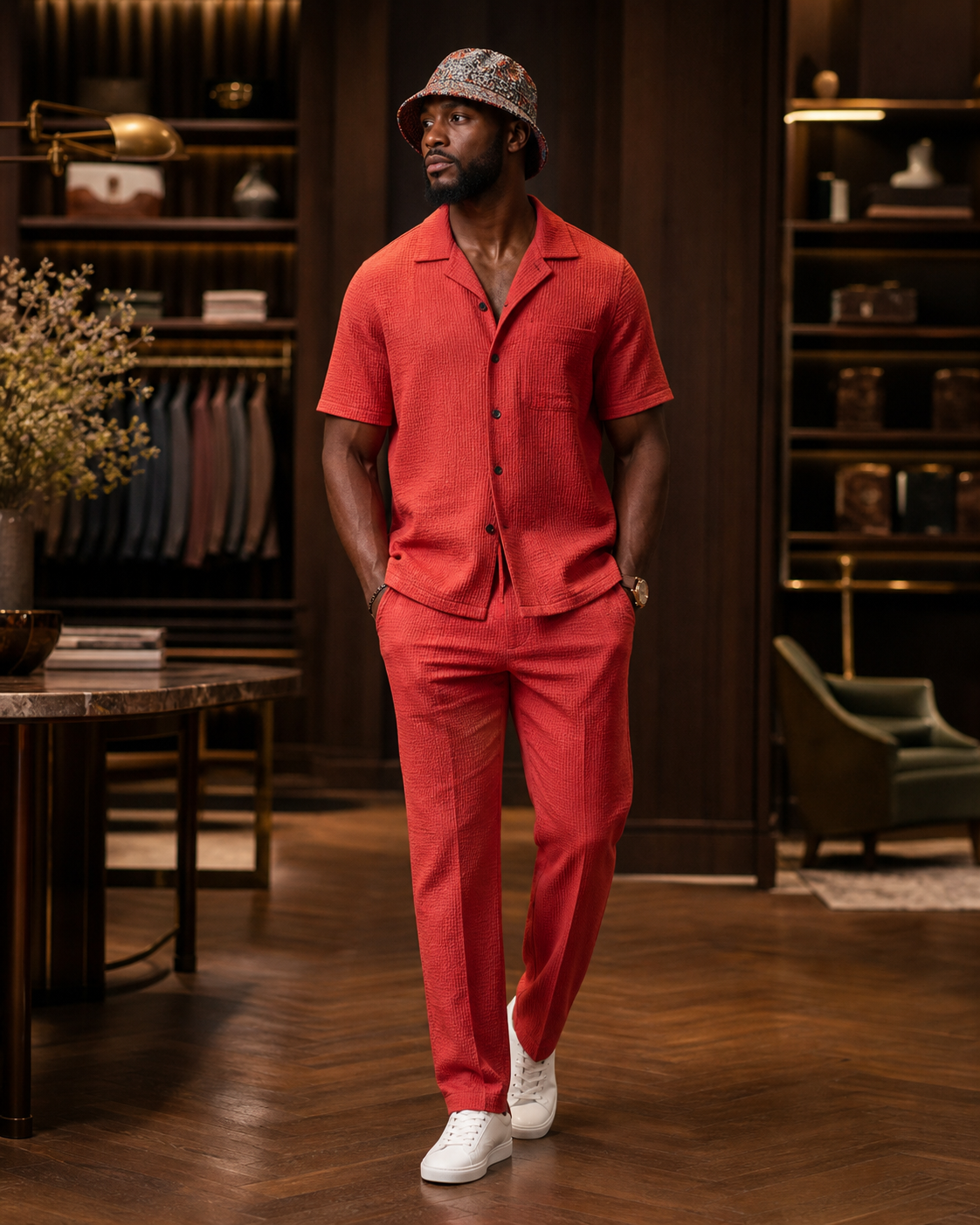 coral walking set menswear look